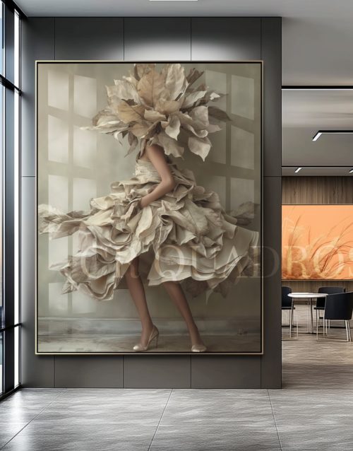Quadro De Luxo Mulher Figurativa com Efeito Vestido de Folhas