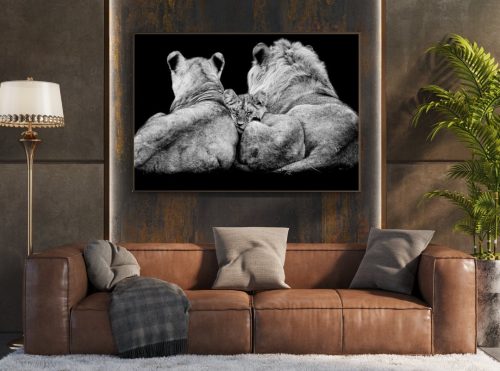 Quadro De Luxo Família de Leões em Preto e Branco