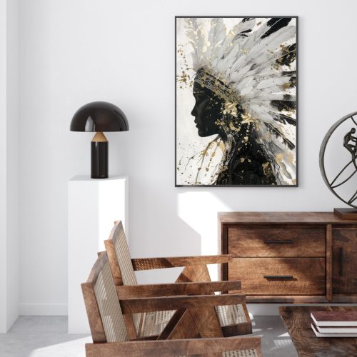 Quadro De Luxo Figurativo Índio em Tons de Preto e Off White com Detalhes e Destaques em Dourado