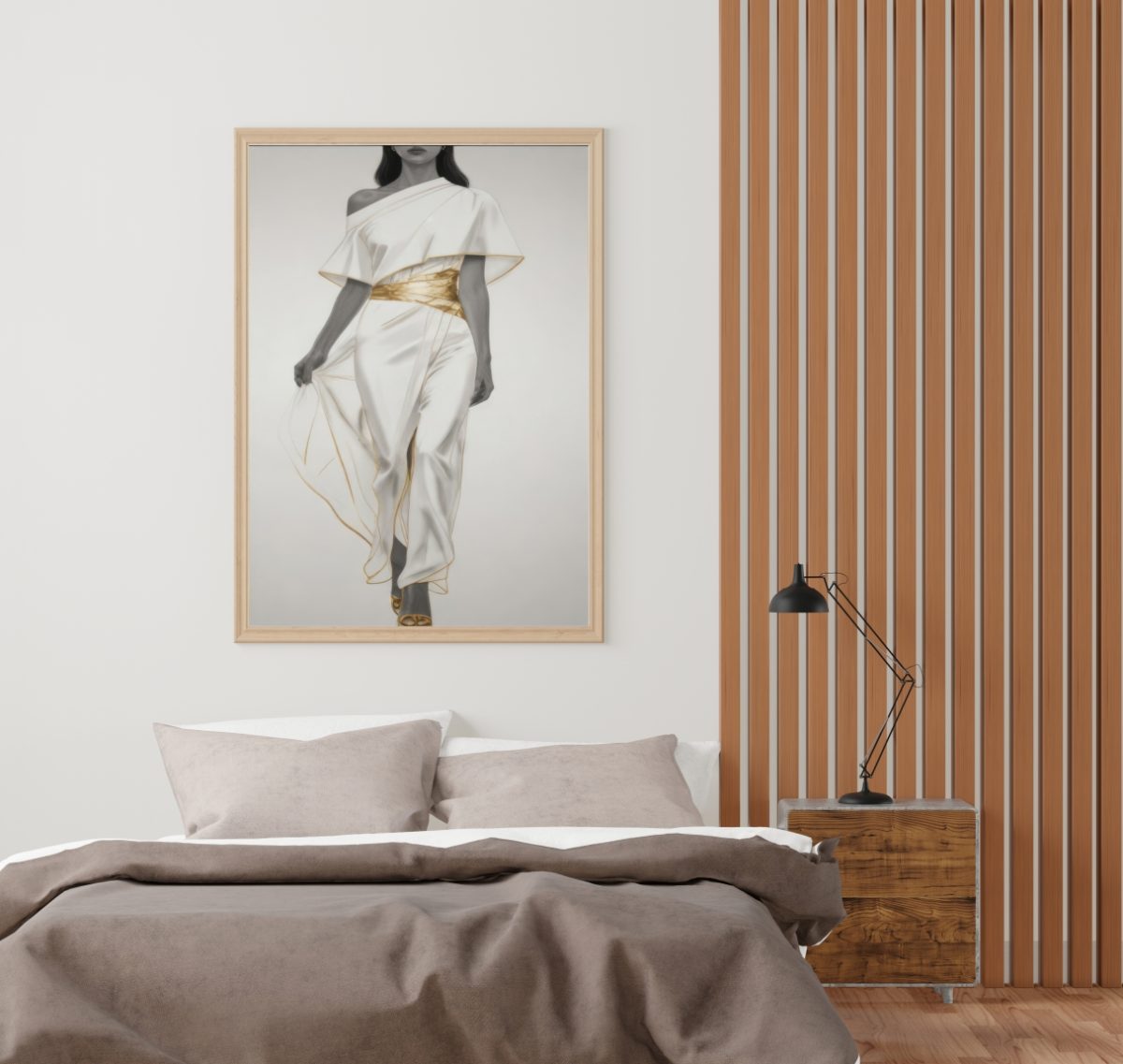 Quadro De Luxo Mulher Figurativa em Preto e Brancom com Vestido Off em Detalhes Dourado - Imagem 2