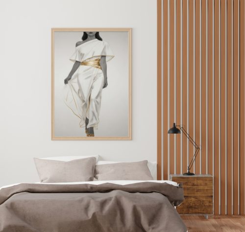 Quadro De Luxo Mulher Figurativa em Preto e Brancom com Vestido Off em Detalhes Dourado