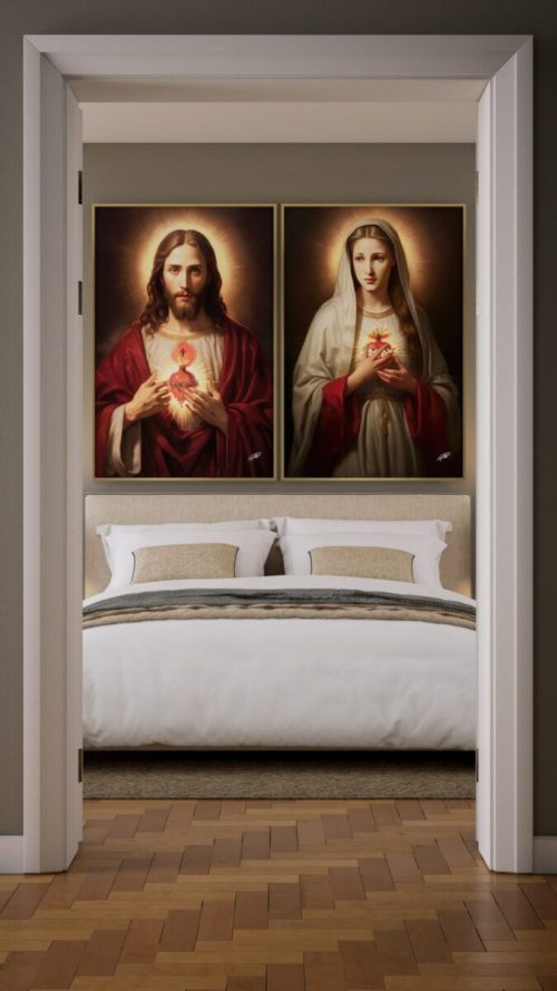 Jogo com 2 Quadros De Luxo Religiosos Jesus e Maria