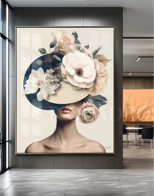 Quadro De Luxo Mulher Figurativa com Chapéu Azul e Flores