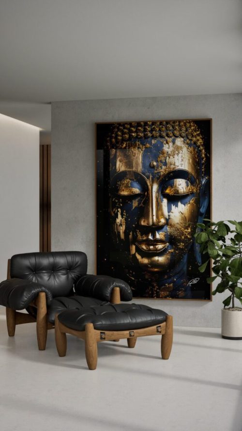 Quadro De Luxo Buda Figurativo Azul com Detalhes Dourados