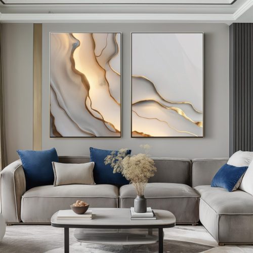 Jogo com 2 Quadros De Luxo Arte Abstrata em Tons de Cinza e Dourado com Efeito Luz na Impressão
