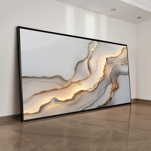 Quadro De Luxo Arte Abstrata em Tons de Cinza e Dourado com Efeito Luz na Impressão