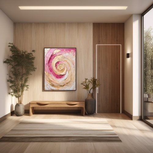 Quadro De Luxo Arte Abstrata Efeito Pintura em Tons de Rosa, Dourado e Branco