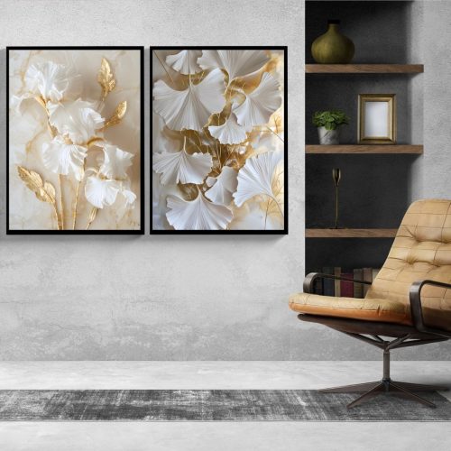 Jogo com 2 Quadros De Luxo Arte Floral Efeito 3D em Tons de Branco e Dourado