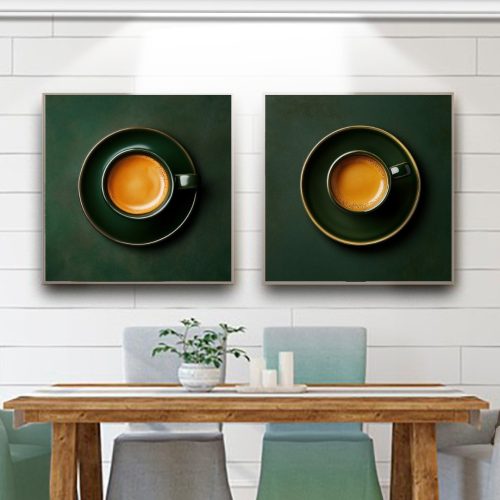 Jogo com 2 Quadros De Luxo Arte Xícaras Figurativas em Tons de Verde e Marrom
