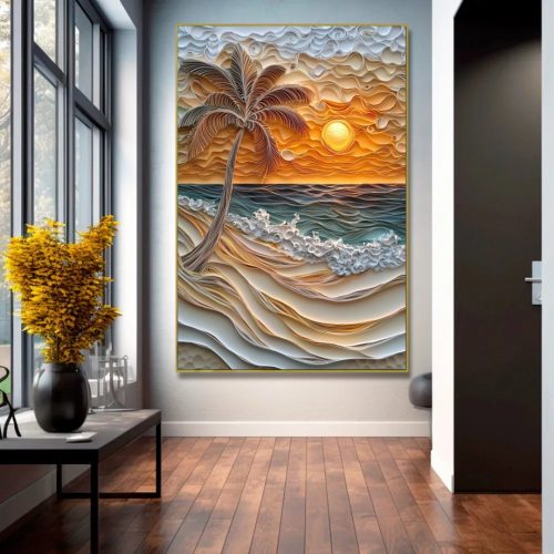 Quadro De Luxo Arte Praia Figurativa com Efeito Relevo e Pintura