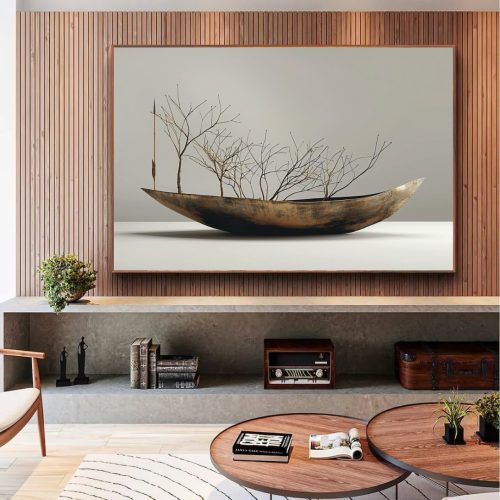 Quadro De Luxo Arte Figurativa Barco com Galhos Secos em Fundo Neutro
