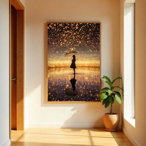 Quadro De Luxo Arte Menina Figurativa ao Céu Estrelado