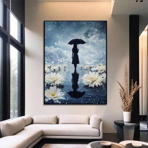 Quadro De Luxo Arte Menina Figurativa ao Céu Estrelado com Flores Brancas