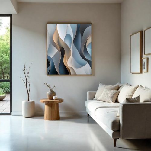 Quadro De Luxo Arte Abstrata em Tons de Azul e Dourado