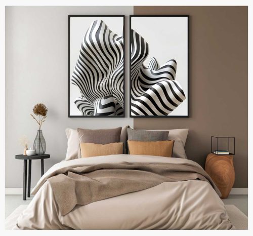 Jogo com 2 Quadros De Luxo Arte Abstrata Figurativa Geométrica em Tons de Branco e Preto