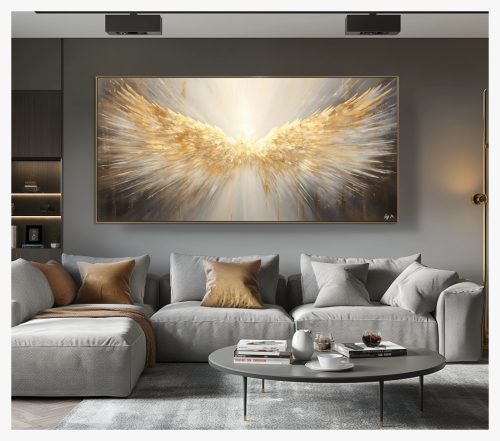 Quadro De Luxo Arte Asa Abstrata com Efeito Luz em Tons de Dourado, Branco, Preto e Cinza