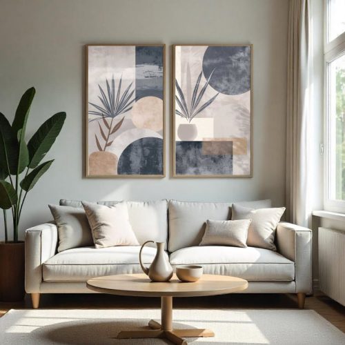 Jogo com 2 Quadros De Luxo Arte Abstrata Folhas em Tons Pastéis Azul, Cinza, Marrom e Branco