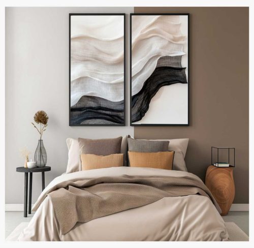 Jogo com 2 Quadros De Luxo Arte Abstrata Efeito Tecido em Tons Neutros