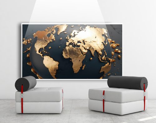 Quadro Decorativo Exclusivo Mapa Mundi Preto e Dourado