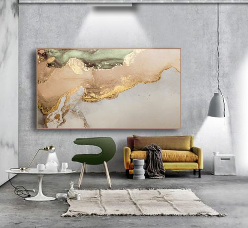 Quadro Decorativo Exclusivo Abstrato Marmorizado em Tons de Verde, Rose e Dourado