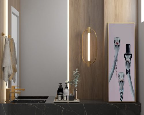 Quadro Decorativo Família de Avestruz Figurativa ao Fundo Rosa