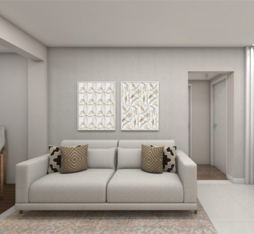 Jogo com 2 Quadros Decorativos Abstrato com Branco e Dourado