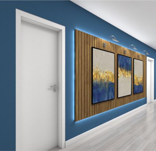 Jogo com 3 Quadros Decorativos Abstrato Cinza, Azul e Dourado