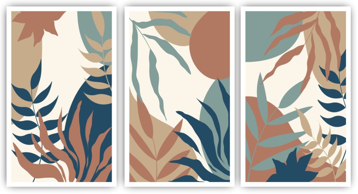Jogo com 3 Quadros Decorativos Folhas e Formas Abstratas - Imagem 2