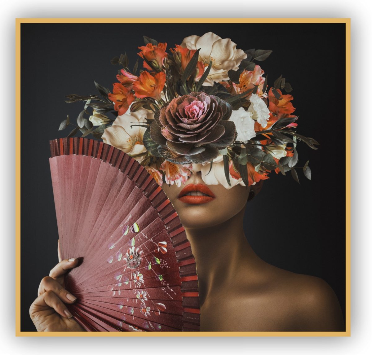 Quadro Decorativo Mulher Figurativa com Leque e Floral - Imagem 4