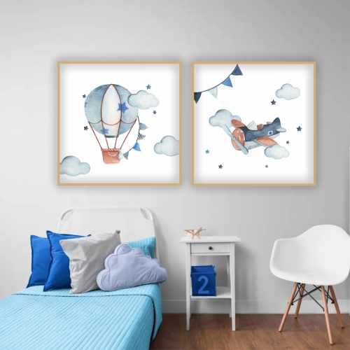 Jogo com 2 Quadros Decorativos Infantil Balão e Avião na Cor Azul