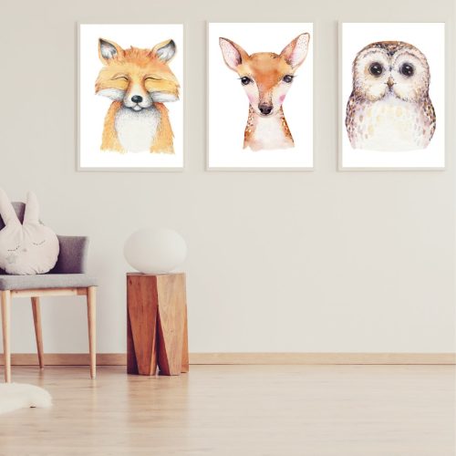 Jogo com 3 Quadros Decorativos Infantil Raposa, Bambi e Coruja Minimalistas