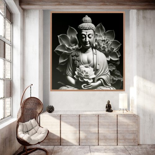 Quadro Decorativo Figurativo Buda Preto e Branco