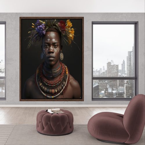 Quadro Decorativo Homem Figurativa com florais amarelos e roxo