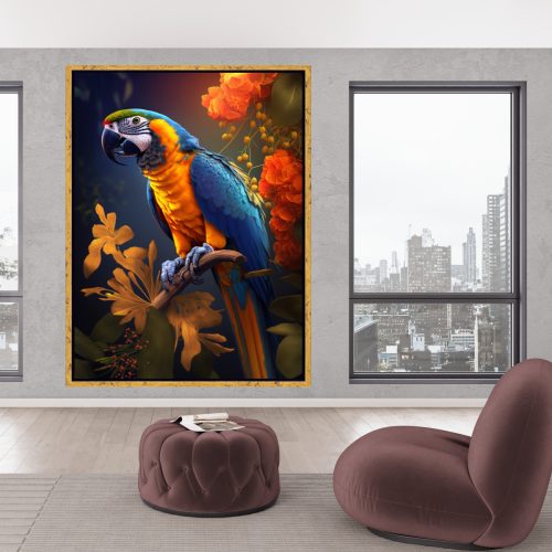 Quadro Decorativo Arara Azul com Flores Coloridas