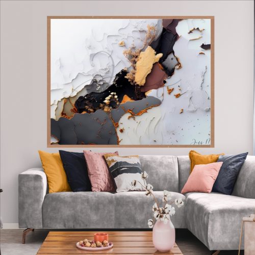 Quadro Decorativo Abstrato com tons de preto, dourado, cinza e branco