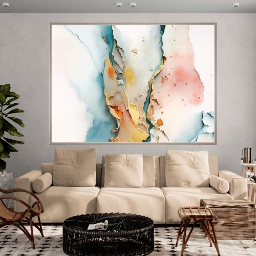 Quadro Decorativo Abstrato com Tons de Azul, Rosa e Dourado