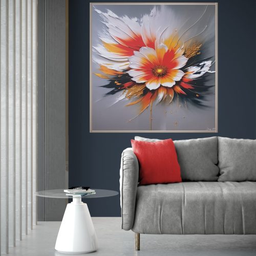 Quadro Decorativo Flor Branca com detalhes em laranja, amarelo e dourado