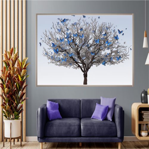 Quadro Decorativo Árvore com Borboletas Azuis