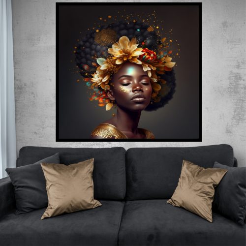 Quadro Decorativo Mulher Figurativa Negra Com Coroa de Flores