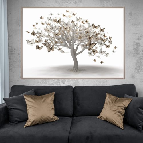 Quadro Decorativo Árvore com Borboletas em Tons Neutros