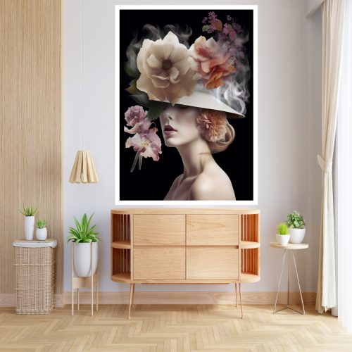 Quadro Decorativo Mulher Figurativa com Chapéu de Flores