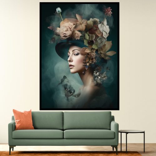 Quadro Decorativo Mulher Figurativa Chapéu Verde com Floral