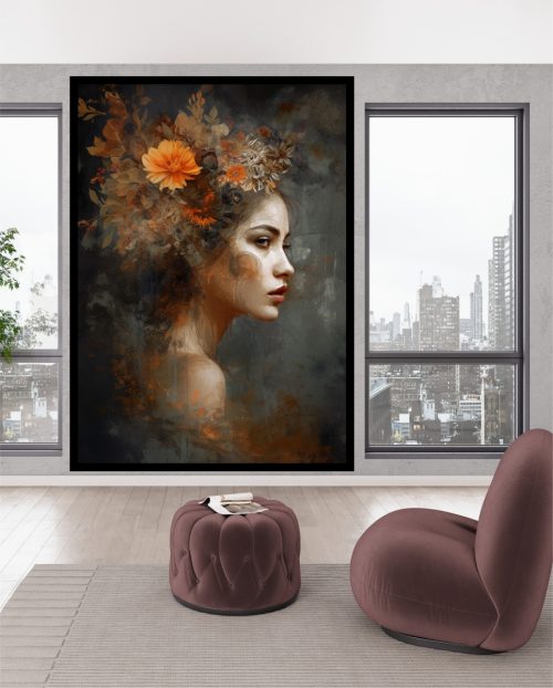 Quadro Decorativo Mulher Figurativa com Florais Laranjas na Cabeça