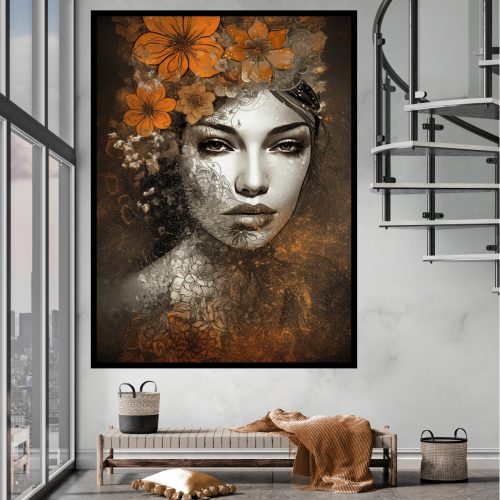 Quadro Decorativo Mulher Figurativa com Florais Alaranjados
