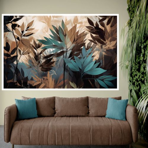 Quadro Decorativo Folhas em Tons de Azul, Bege e Marrom