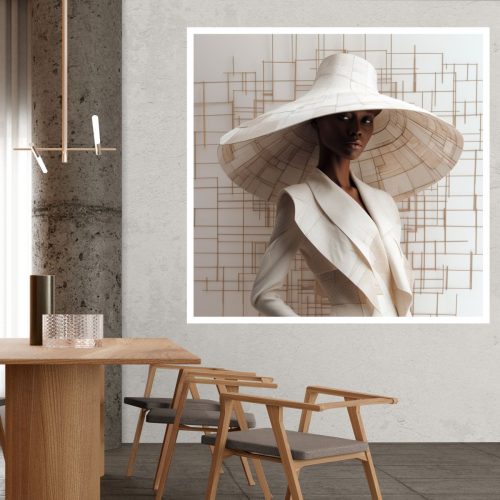 Quadro Decorativo Mulher Figurativa com Chapéu em Tons Off White