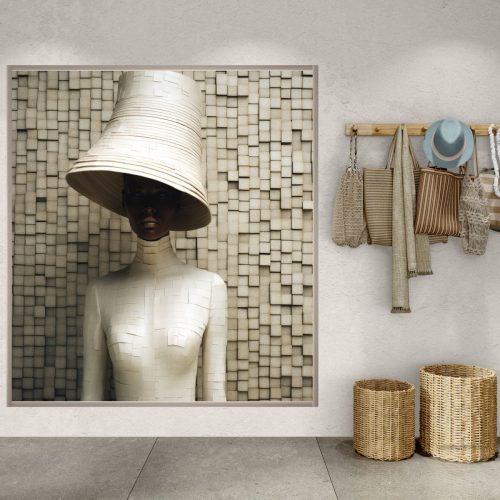 Quadro Decorativo Mulher Figurativa Negra com Chapéu e Fundo Neutros