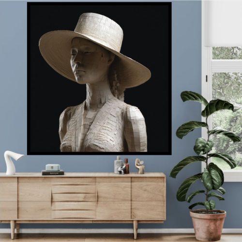 Quadro Decorativo Mulher Figurativa em Tons Neutros e ao Fundo Preto