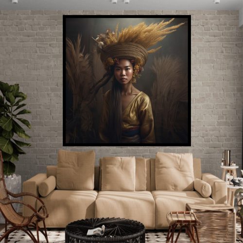 Quadro Decorativo Mulher Asiática com Plantação de Trigo