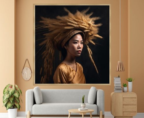 Quadro Decorativo Mulher Asiática com Chapéu de Trigo